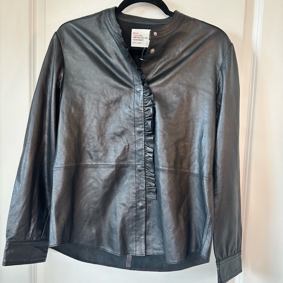 NEW Leon & Harper Designer Black 100% Lambs Leather Ruffle Snap Button Shirt, M - Picture 1 of 10